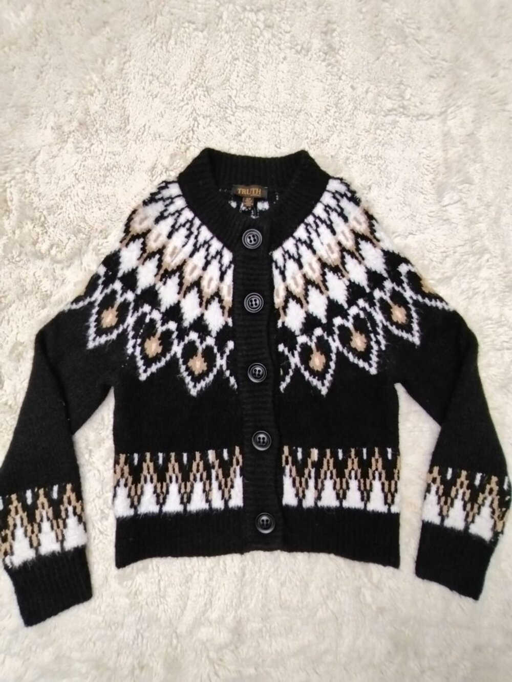🆕 NWT TRUTH by Republic Black Nordic Fair Isle Chunky Cardigan S